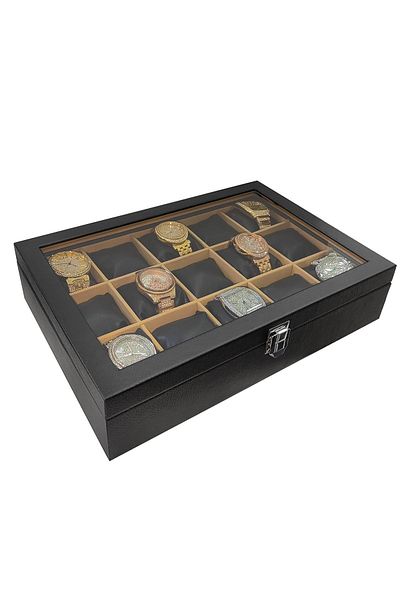 Chavin Black Leather 15 Pieces Glass Watch Box St15-70