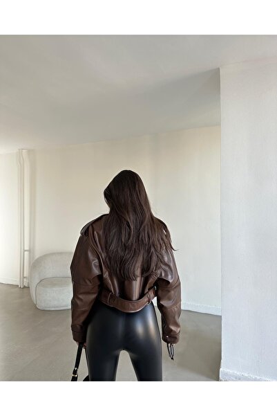 NET OF NOT New Season Oversize Women's Bitter Brown Biker Leather Jacket