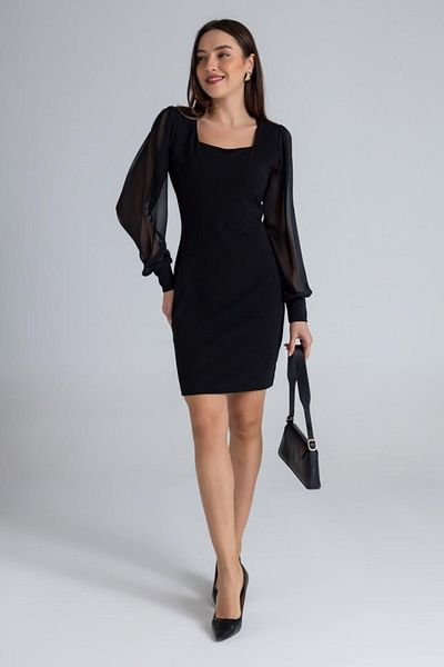 HAZEGO Women's Square Collar Sleeves Tulle Sandy Fabric Deal Product Mini Black Dress