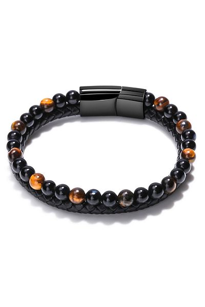 Choice 19cm Tiger-Eye ZG Volcano Tiger Eye Beaded Bracelet Cowhide Rope Natural Stone Bracelet For Men Agat
