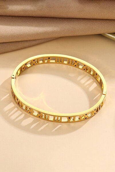 Chavin Roman Numeral Gold Handcuff Steel Women's Bracelet Eu14Sr