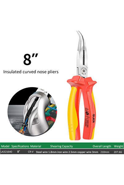 Choice 8 inch LA321640 LAOA VDE Curved Needle Nose Pliers Isolated Wire Cutter Cr-V Electrician Pliers