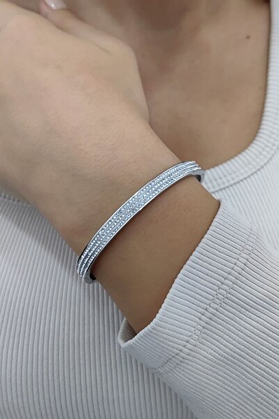 Chavin 6 mm Gray Steel Stone Women's Handcuff Bracelet Eu18By