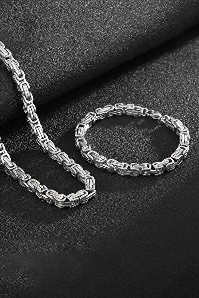 Chavin 5 mm. Kral Gri Çelik Erkek Bileklik Zincir Takım et11
