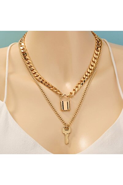 Chavin 2 Katmanlı Taşlı Gold Alloy Kadın Zincir Kolye en26