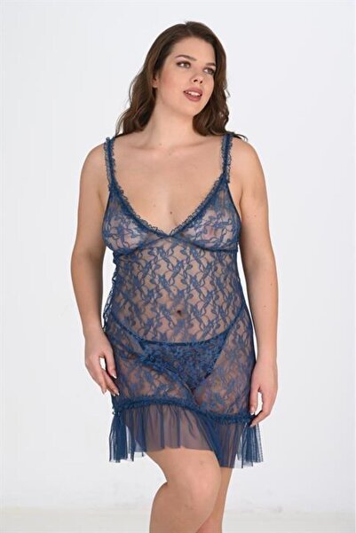 MEKs Plus Size Petrol Blue Lace Embroidered Tulle Nightgown