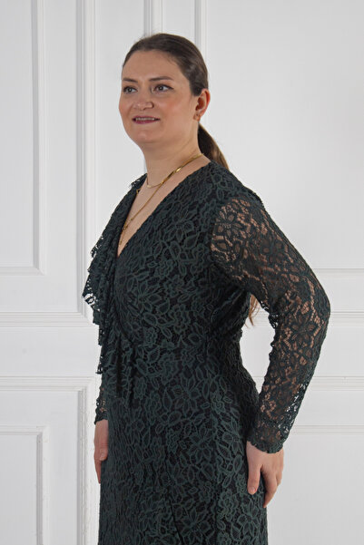 Bedrinxxl Women's Plus Size Emerald Green Lace V-Neck Lined Long Sleeve Midi Length Dress My Way