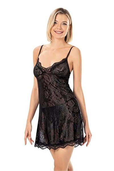 Marsilyan Ieg Lace Embroidered Thin Strap Black Jacquard Nightgown Ilkel-Mdgy...