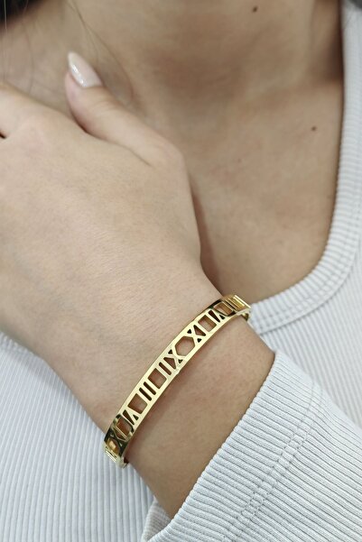 Chavin Roman Numeral Gold Handcuff Steel Women's Bracelet Eu14Sr