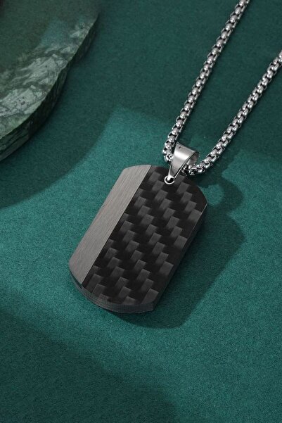 Chavin Karbon Fiber Siyah Dogtag Asker Künyesi Çelik Erkek Kolye eu50