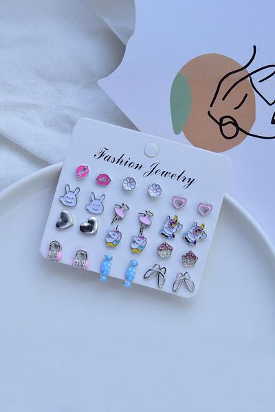 Chavin Kids Teen 12 Pairs Enameled Figure Earrings Set Es95
