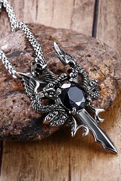 Chavin Men's Steel NecKlace with Rhinestones - Two Dragons and Sword Figures, dp87