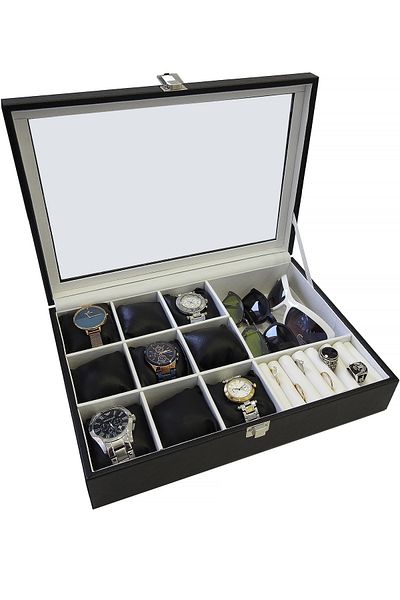 Chavin 9 Pieces Wooden Leather Glass Watch Glasses and Jewelry Box St9-26