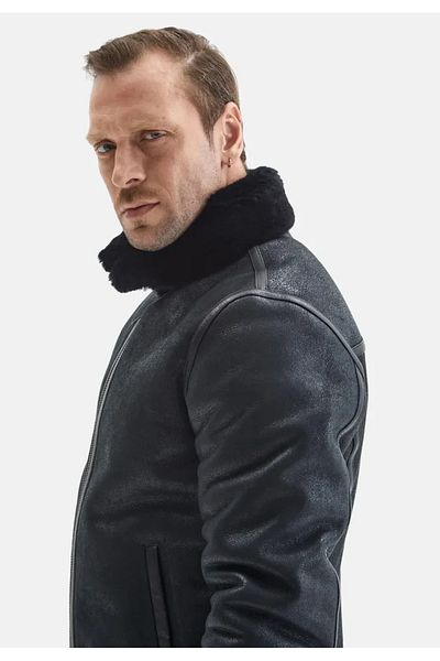 By Marki Marki Men's Genuine Nubuck Leather Pilot Coat - Black, Shearling, Buckle Neckline, 74 cm