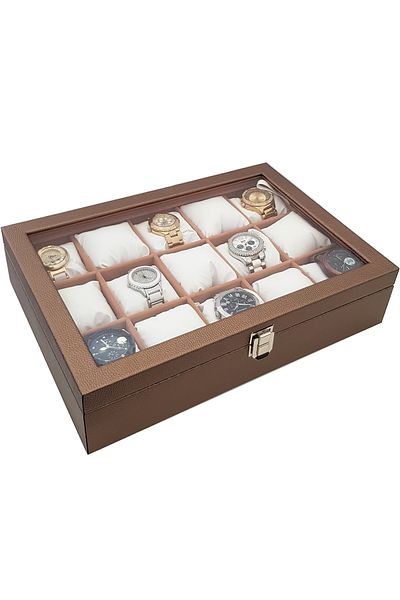 Chavin 15 Piece Diamond Bronze Leather Wooden Glass Watch Box St15-58