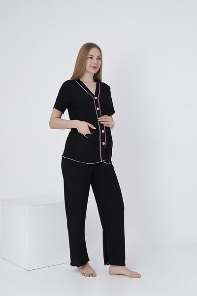 Miss Dünya Lissa Short Sleeve Maternity and Maternity Sleepwear Set with Buttoned Front Sleeves and Ruffle Detail