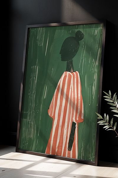 HİGUERA Pictură de perete cu cadru din lemn natural cu figura feminină minimalistă verde Tonda