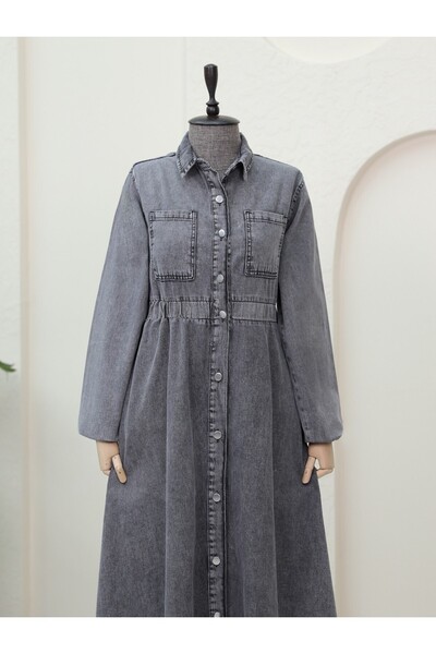 Modamorfo Καπνιστό πολύχρωμο τζιν φόρεμα με πλαϊνές τσέπες και ελαστική μέση