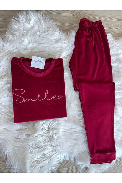 Pijamacs Women's French Velvet Pajamas Set with Plum Lettering Pattern