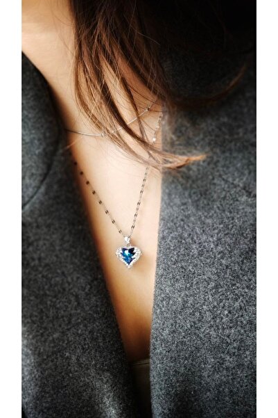 stainless steell 316L Çelik Gümüş Mavi Kalp Kolye - Sevgililer Günü