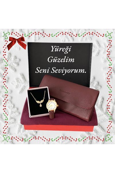 Spectrum Women's Burgundy Wristwatch-Wallet-Combed Shawl-Angel Wing Steel Necklace