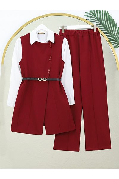 Modamorfo Set vestă și pantaloni lungi - cu centură și nasturi, burgundă