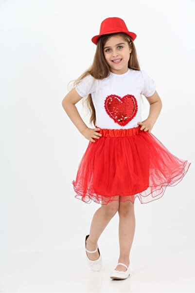 Dıgıl Kids Kırmızı Misinalı Etek Kalpli T-shırt Kiz Çocuk Alt-üst Takim 23 Nisan Gösteri Kiyafetleri