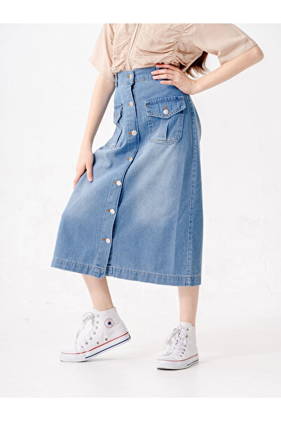 GİYİCEM TEKSTİL Kız Çocuk Düğmeli Uzun Kot Etek 2605