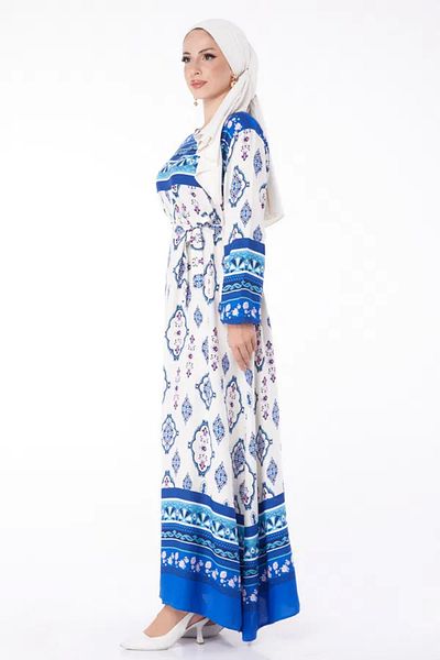 İntive Lingerie Plain Crew Neck Women's Blue Ethnic Pattern Relaxed Fit Long Sleeve Dress