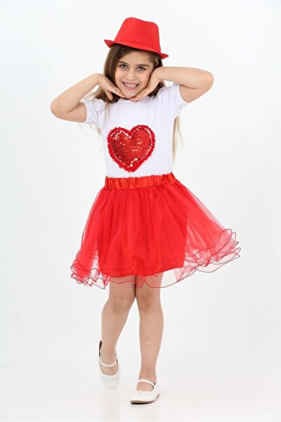 Dıgıl Kids Kırmızı Misinalı Etek Kalpli T-shırt Kiz Çocuk Alt-üst Takim 23 Nisan Gösteri Kiyafetleri