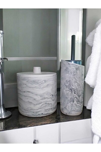 Trust Stone Marble Patterned Concrete Trash Can and Wc Brush Holder Set, Decorative Item, Accessory