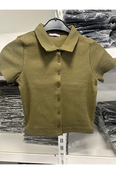 mor butik Cămașă Crop pentru damă - Purple Boutique, Polo Neck Khaki