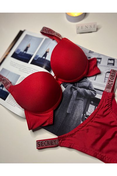 Zense Vs Red Push up Bra Set with Rhinestone B Cup