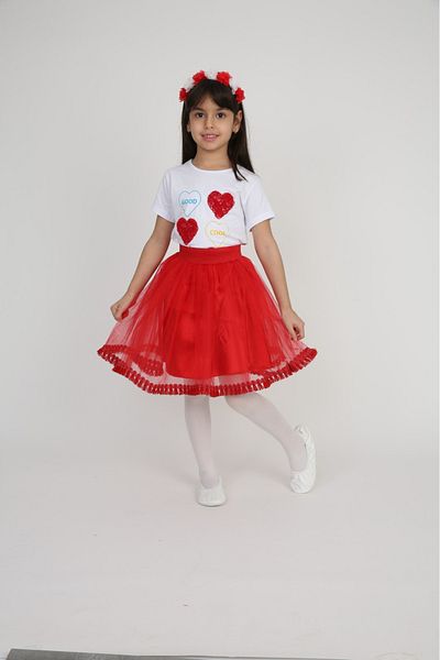 Dıgıl Kids Red Six Ruffle Skirt Heart T-Shirt Girls' Top and Bottom Set April 23 Show Clothes