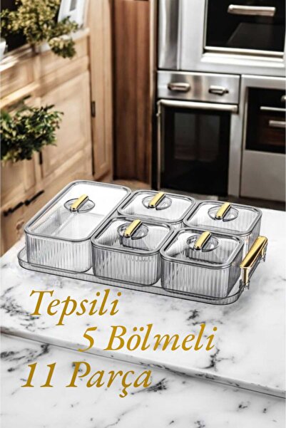 HASBY Tepsili 5 Bölmeli 11 Parça Kapaklı Saklama Kabı Kahvaltılık Seti Sunuml...