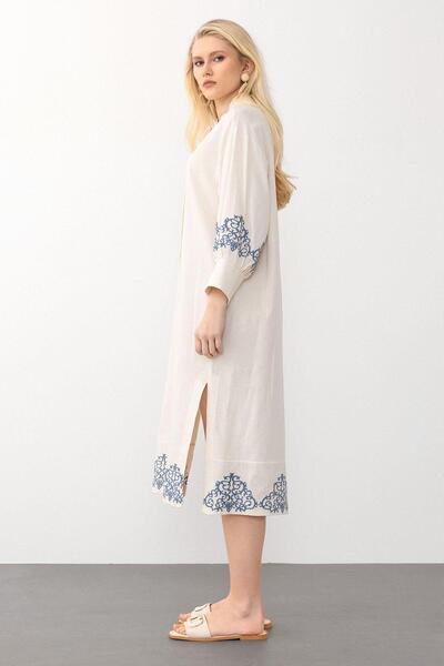 Olcay Linen Look Comfortable Embroidery Dress - Beige 9288-E