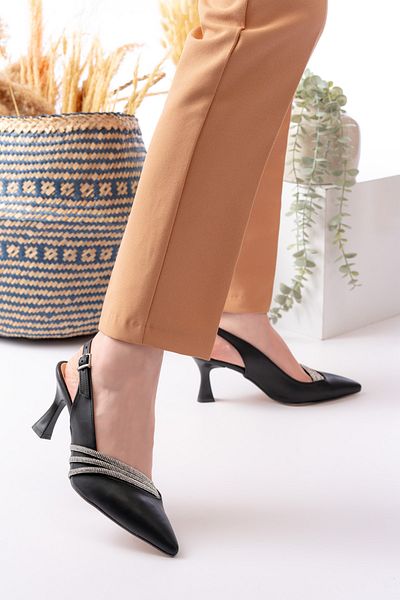 Weynes Women's Black 3 Stripe Stone Thin 7 cm Heeled Sandals Heeled Shoes Wsb3012