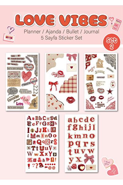 WALLHUMAN 5'Li "Love Vibes" Vintage Sticker Planner Ajanda Bullet Journal Içi...