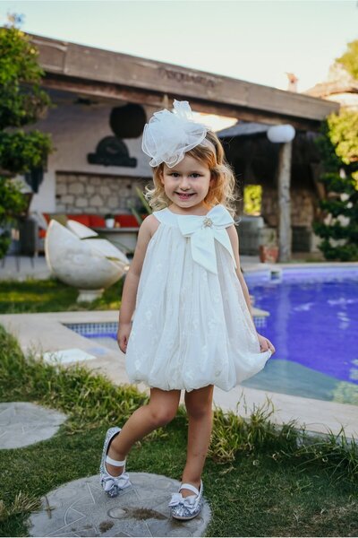 Mialora Dantel ve Tül Detaylı Kabarık Çocuk Abiye Elbise – Fiyonklu Özel Tasa...