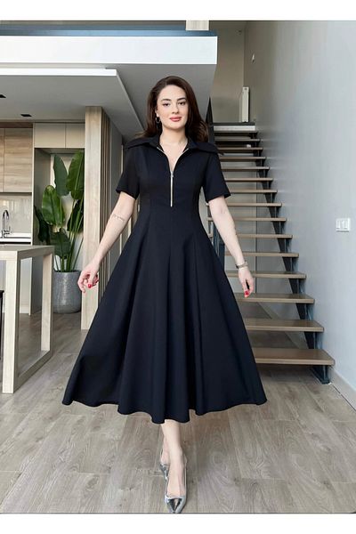 Afiş Butik Black Collar Zippered Midi Dress