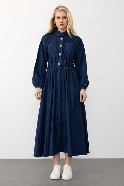 Olcay Ausgestelltes Jeanskleid mit elastischem Bund und Steinzubehör DUNKELBLAU 9275-E