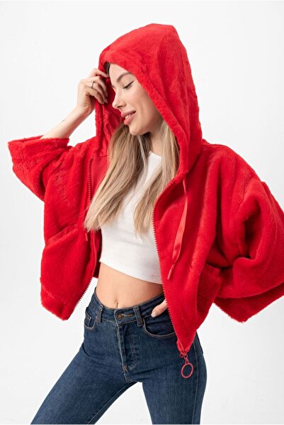 Caddebostan Moda Women's Red Hooded Ring Zipper Satin Ribbon Detailed Soft Textured Plush Crop Coat Jacket
