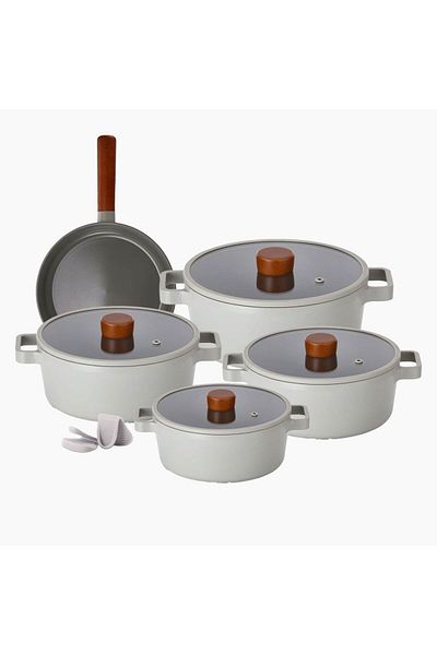 NEOFLAM FIKA ,Cooking Set11pcs,Pots16,22,24,26cm,Glass Lid+Fry24cm)Induction,Non stick,Midnight Green Color