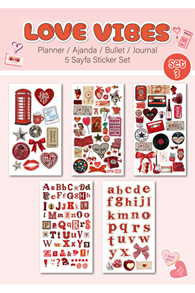 WALLHUMAN 5'Li "Love Vibes" Vintage Sticker Planner Ajanda Bullet Journal Içi...