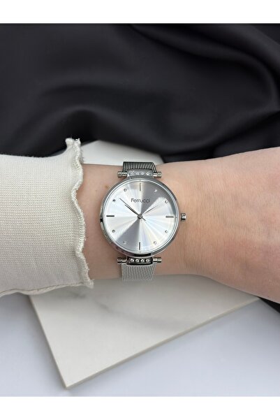 Ferrucci Gümüş Hasır Kordon Tek Taşlı Minimal Tasarım Ferrucci Kadın Saati