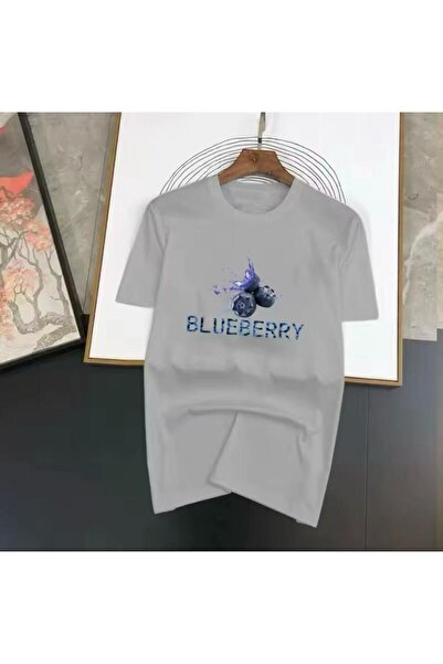 caddekombin تي شيرت نسائي قطن نسائي مطبوع بطبعة بلوبيري قطن ممشط برقبة كرو رمادي