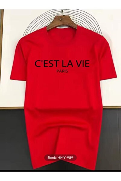 caddekombin Cest Vie Men's Cotton Combed Crew Neck Red T-Shirt