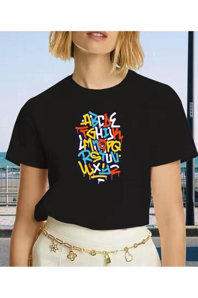 caddekombin Πολύχρωμο μπλουζάκι με στάμπα αλφαβήτου, γυναικείο βαμβακερό χτεν...