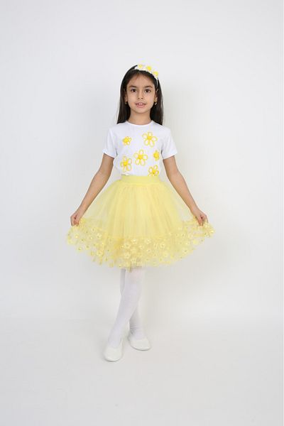 Dıgıl Kids Yellow Floral Patterned Skirt/T-Shirt Girl's Top-Bottom Suit April 23 October 29 Show Clothes