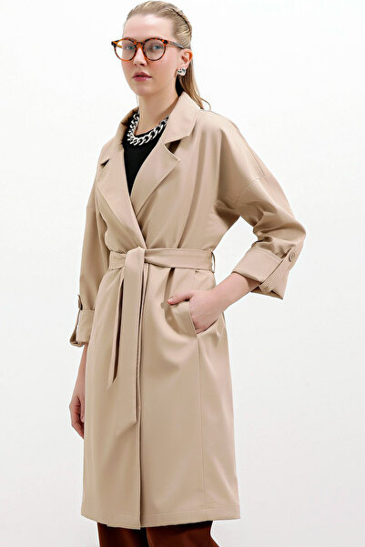 MissKybele Kruvaze Ceket Yaka Düğmeli Uzun Kol Çift Cep Rahat Kalıp Astarlı Diz Altı Midi Boy Kuşaklı Trençkot